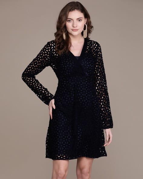 LABEL RITU KUMAR V-Neck Full Sleeves Laser-Cut A-Line Dress with Camisole