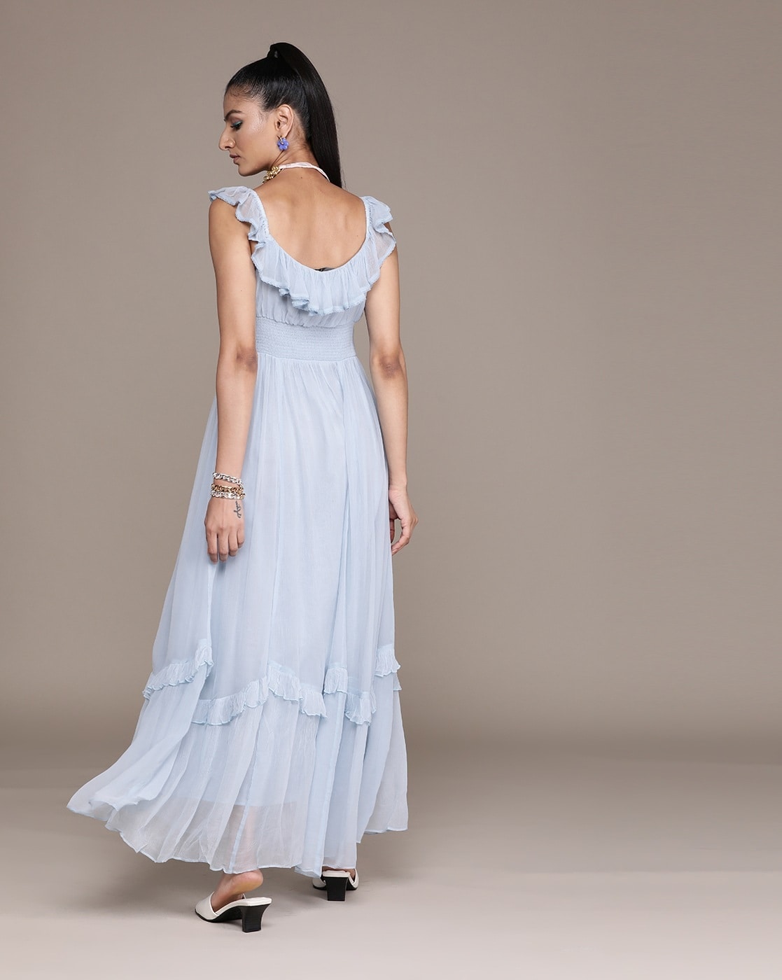 Label Ritu Kumar Powder Blue Off Shoulder Maxi Dress for Women