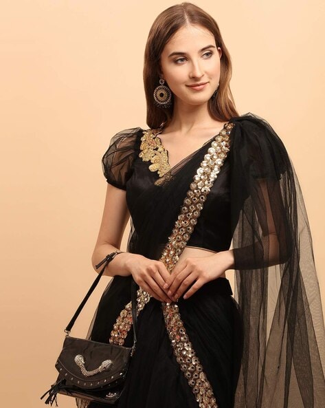 Buy Black Shantoon Pre Draped Ready To Wear Saree With Stitched Blouse by  Designer GEROO BY NEELAM for Women online at Kaarimarket.com