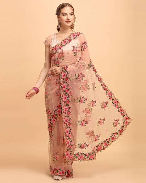 RE Floral Embroidered Beige Organza Silk Saree Featured Product