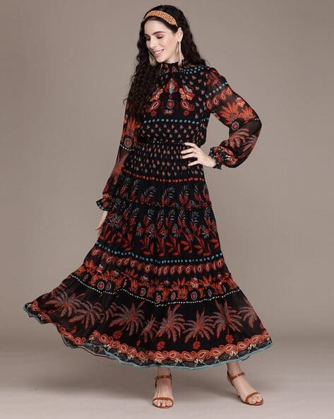 LABEL RITU KUMAR High-Neck Full Sleeves Printed Long A-Line Dress