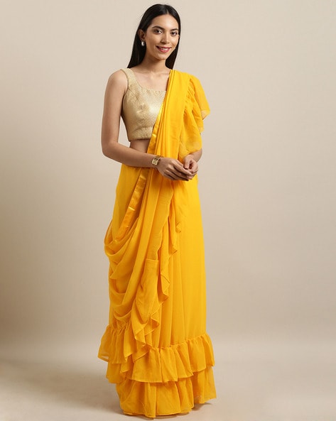 PR - Plain yellow 60GM Georgette silk ruffle saree - New In - Indian