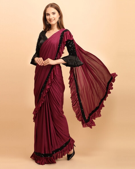 1-MIN READY TO WEAR Rose Gold Satin Silk Saree With Handmade Tassels O –  Dailylifestyle