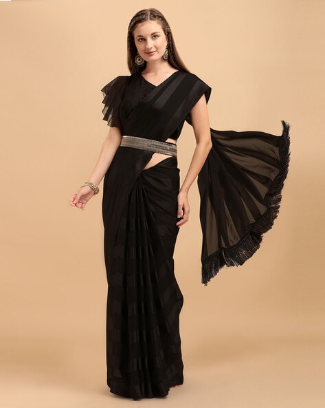 Party Wear Sarees  Black georgette pleated partywear saree 
