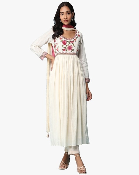 Floral Embroidered Flared Kurta Set with Dupatta