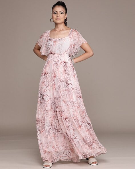 LABEL RITU KUMAR Half Sleeves Printed Long Flared Dress