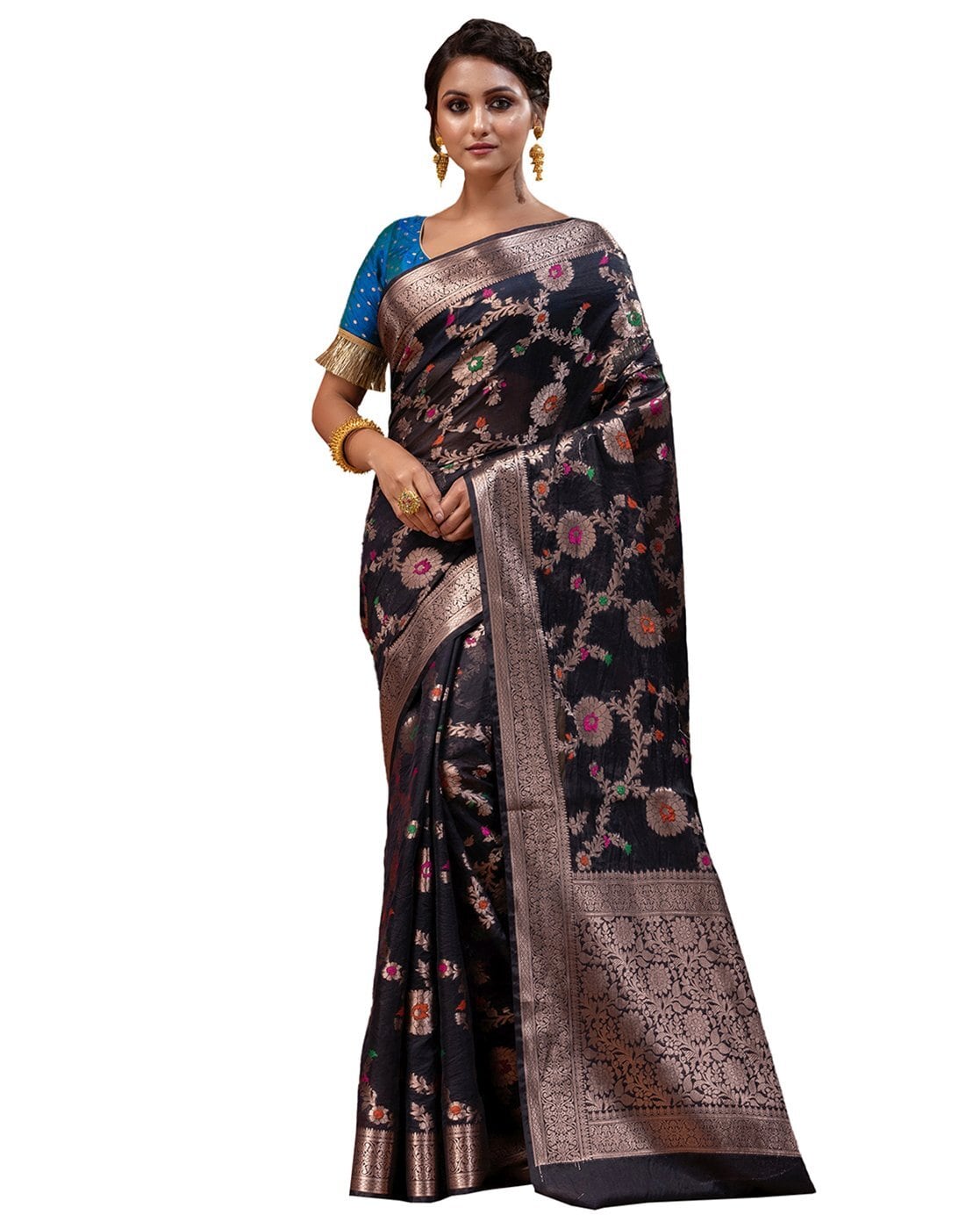 Flosive Women's Present Banarasi Soft Lichi Silk Saree Beautiful Jacquard  Rich Pallu Design Work Zari Woven Kanjivaram Silk Style Saree With Soft  Lichi Silk Blouse Piece (Black) : Amazon.in: Fashion