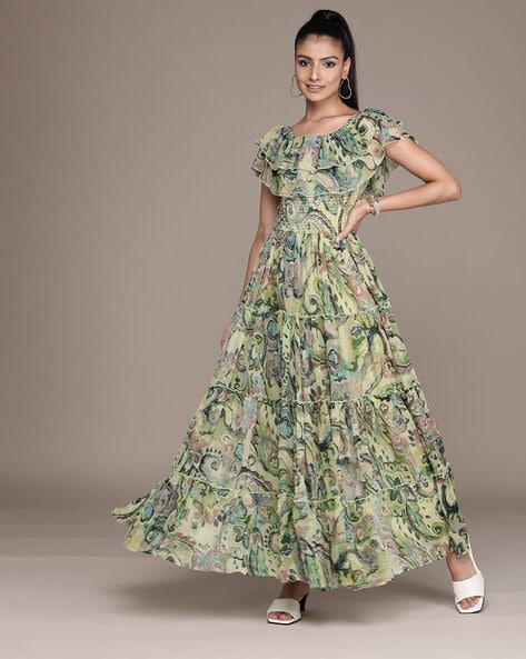 Buy Orange Floral Print Long Dress With Tiers Online - Label Ritu Kumar  International Store View