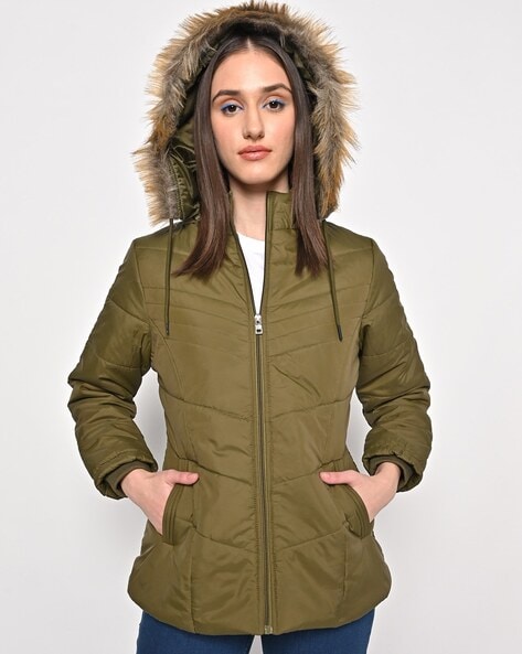 Womens olive green hot sale jacket with fur hood