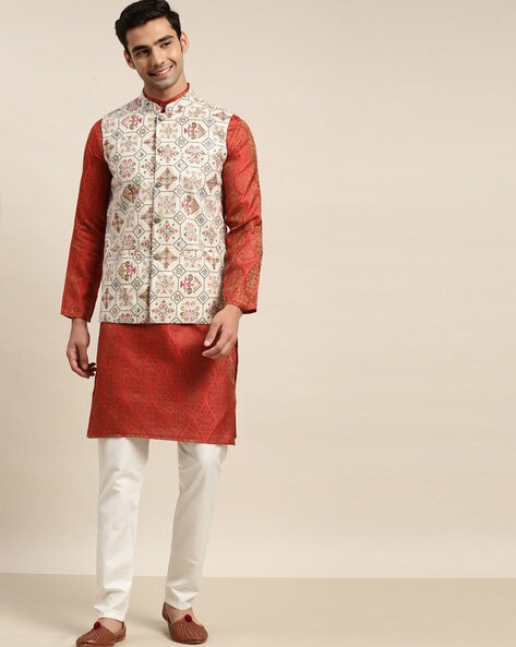 Buy Biking Red Nehru Jacket And Kurta Set In Stripes Hand Block Print.The  Matching Kurta In Floral Motifs Print In The Full Sleeves KALKI Fashion  India