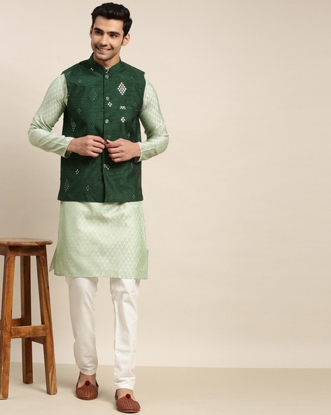 Banarasi Style Dark Green Nehru Jacket For Men | Amogue