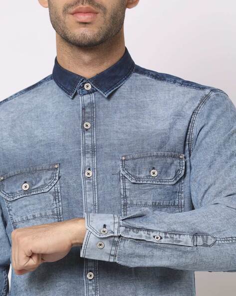 L/S PREMIUM STRECH DETAILED MEN'S BLUE SHIRT