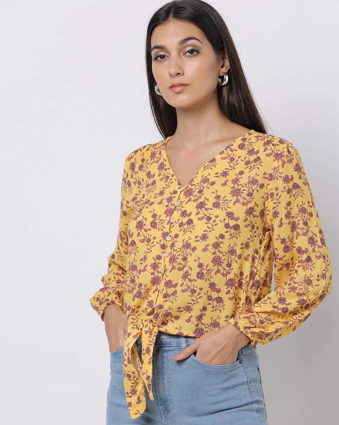 Crew-neck floral print blouse, golden flowers - Plus Size. Colour: mustard.  Size: 1xl