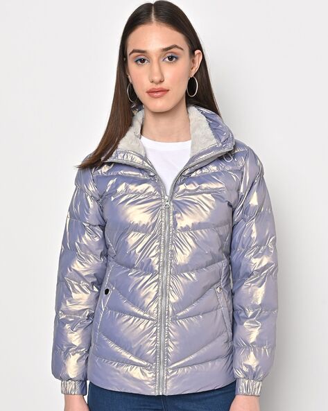 Metallic Zip Front Puffer Jacket