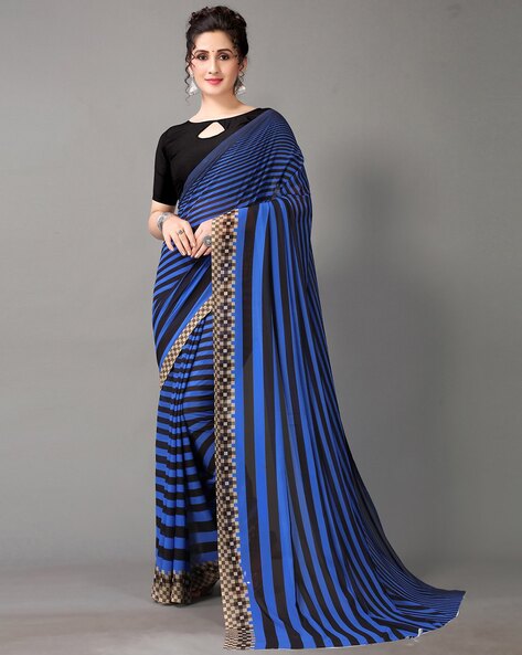 Lapis Blue Georgette Silver striped saree