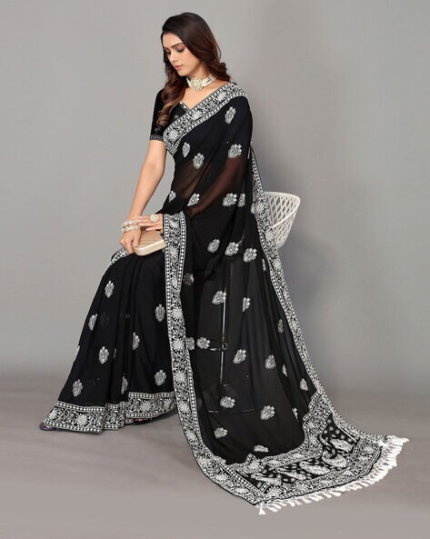 Vishal Prints Black Satin Saree With Stone Work