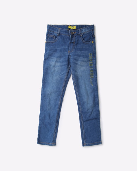 Printed Straight Fit Mid-Wash Jeans