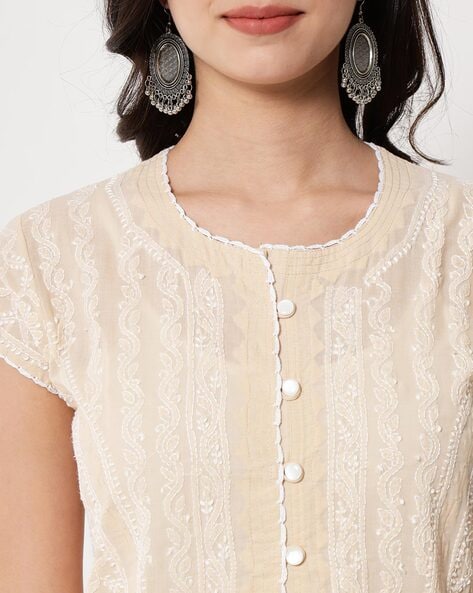 Buy Cream Cotton Chikankari Sleeveless Dress by Colorauction - Online  shopping for Dresses in India