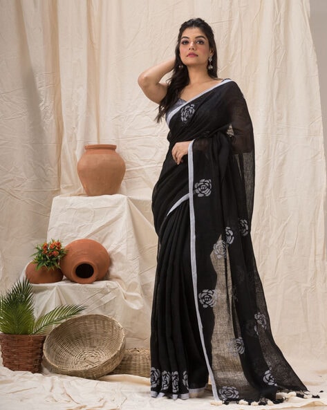 MAROON & BLACK ORGANIC LINEN JAMDANI SAREE – ShopBollyWear.Com