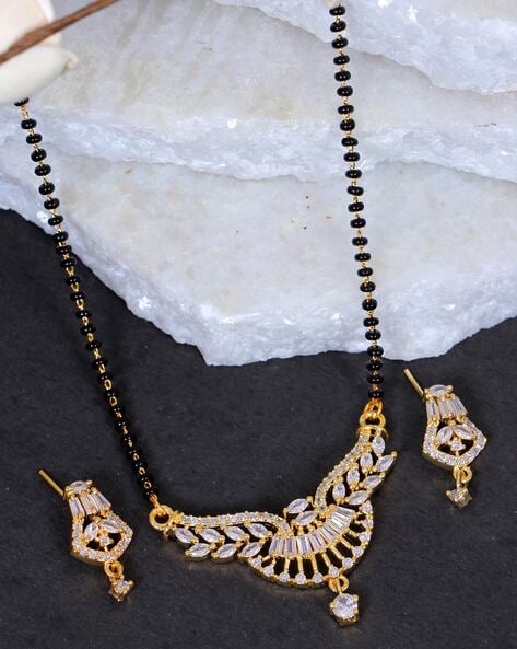 22ct Gold Mangal Sutra Set with Cubic Zirconia Stones and Lobster Clasp ( Necklace + Drop Earrings)