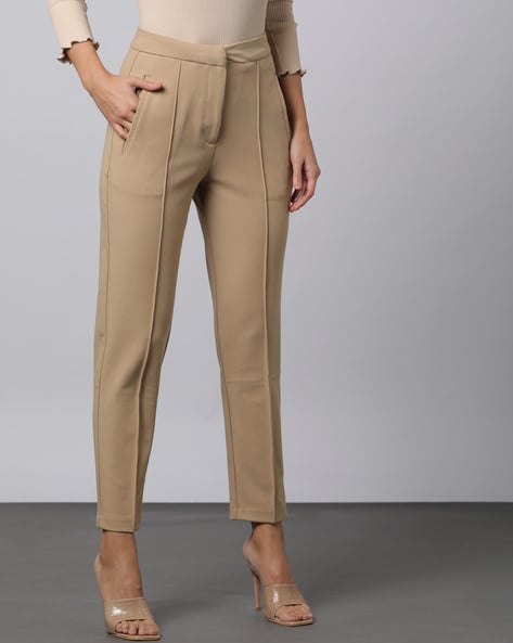 Women Beige  OffWhite Loose Fit Striped Cotton Parallel Trousers