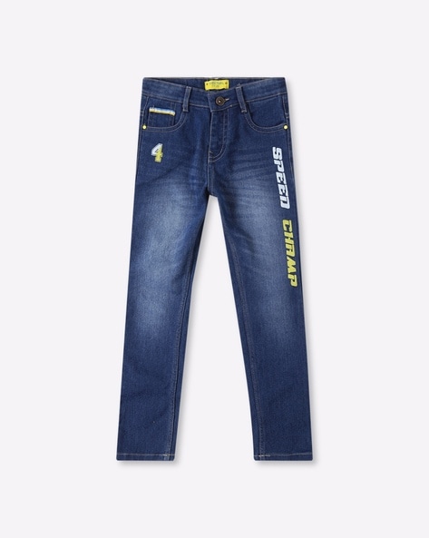 Printed Light-Wash Straight Fit Jeans