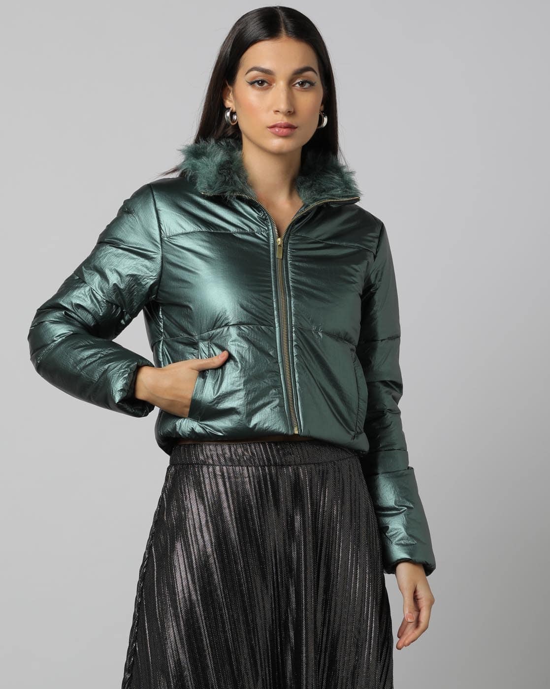 Green metallic puffer jacket Clearance