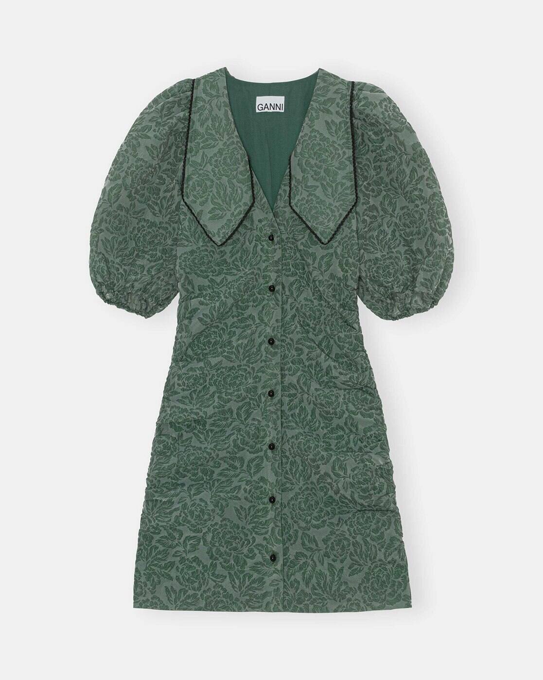 ganni jacquard mini dress green Rent The Blue Jacquard Open Back Mini Dress By Ganni main image 1
