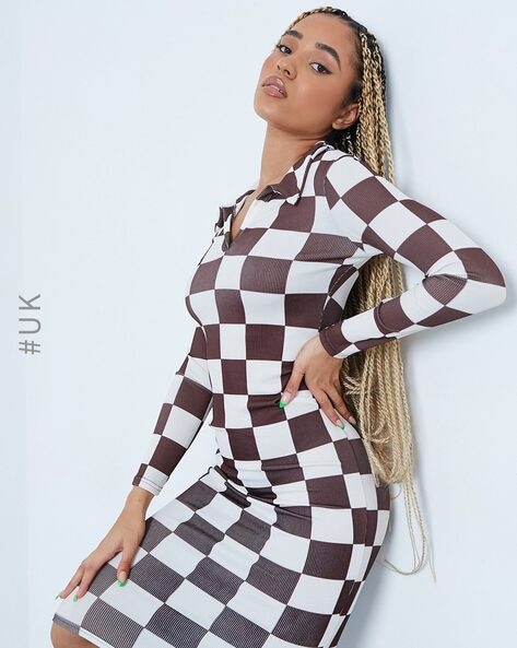 Buy BROWN FULL-SLEEVES HOUNDSTOOTH BODYCON DRESS for Women Online in India