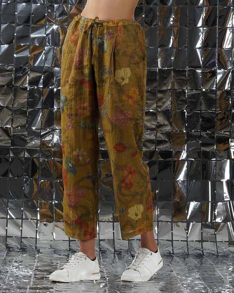 Buy YAVI Floral Print AnkleLength Pants  Gold Color Women  AJIO LUXE