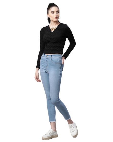 Buy Women Tapered-Fit High Rise Cropped Length Black Jeans - Global Republic