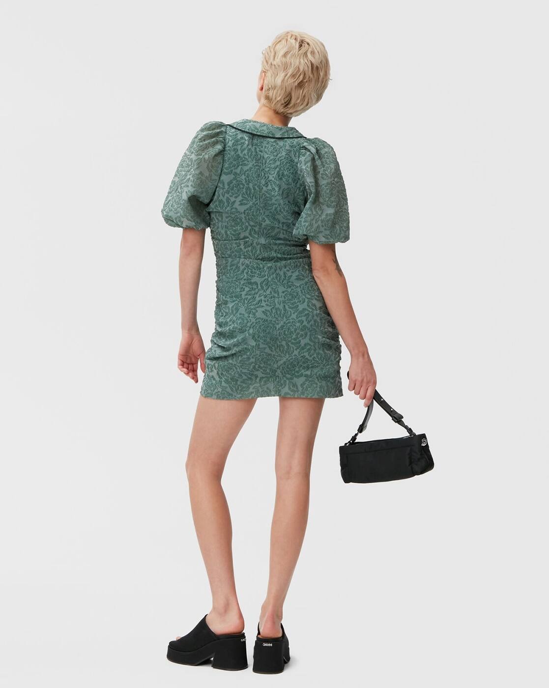 Buy Ganni Jacquard Organza Gathered V-Neck Mini Dress | Green Color Women |  AJIO LUXE