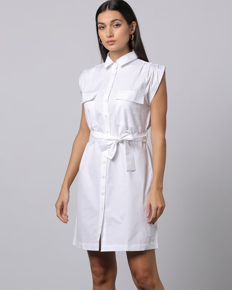 Women White Cotton Poplin Shirt Dress