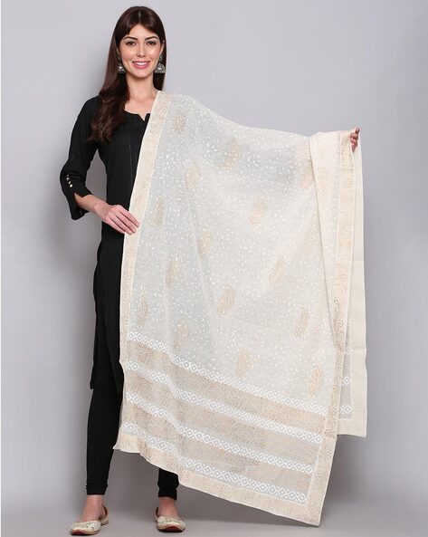 Leaf Print Dupatta with Lace Border Price in India