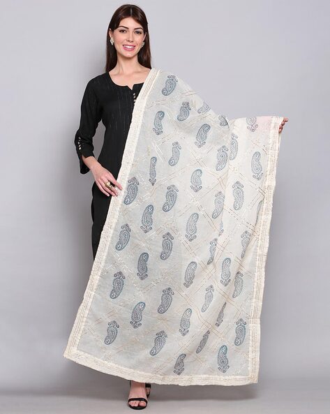 Paisley Print Dupatta with Lace Border Price in India