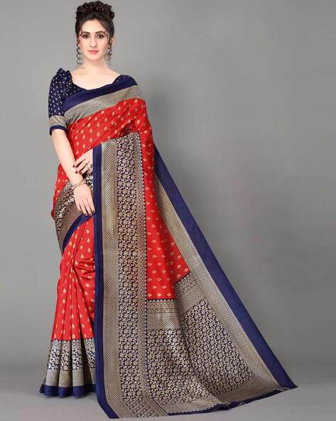 Stunning Blue Colour Saree With Red Border & Heavy Brocade Blouse Bana –  garment villa