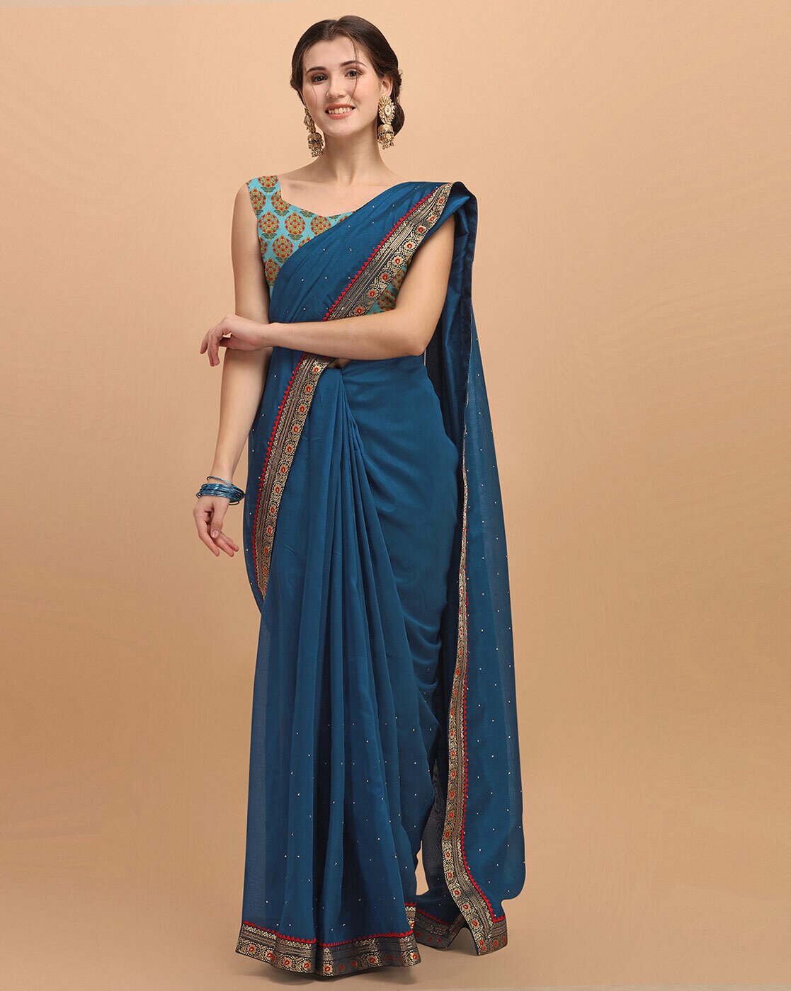 Sky Blue Plain Silk Saree | Saree, Silk sarees, Embroidery blouse designs