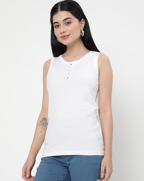 Round-Neck Tank Top with Button Placket