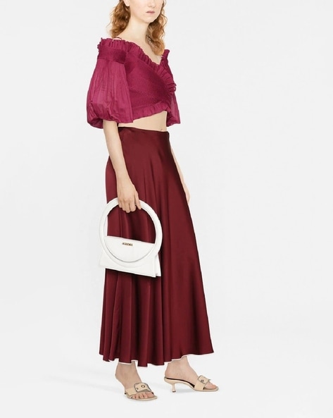 Off shoulder frill trim cheap pleated top