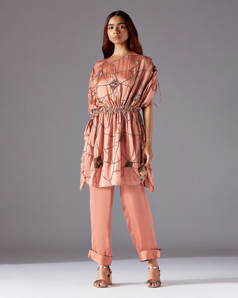 Buy A Humming Way Embellished Pant-Tops Set, Peach Color Women