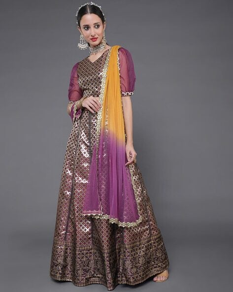 Buy Purple Heavy Geometric Bridal Lehenga With Fancy Sleeves