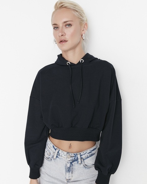 Cropped Hoodie with Drawstring Fastening