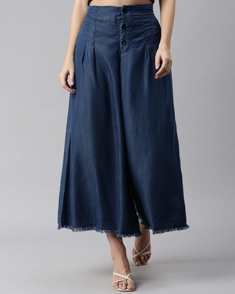 Buy Blue Wide Leg Denim Flared Pants Online - W for Woman