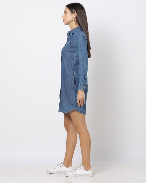 Buy Lee Cooper Solid Denim Dress with Collar and Tie-Up Belt | Splash UAE