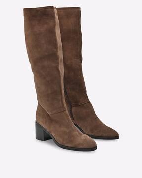 low heel calf length boots