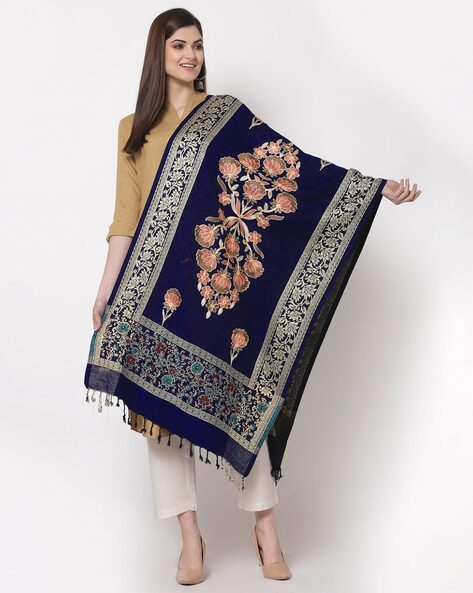 Embroidered Woolen Stole with Tassels Price in India