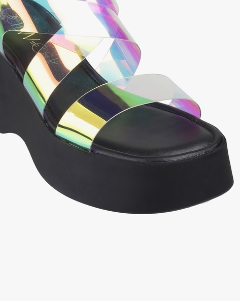 Holographic Strappy Platform Sandals