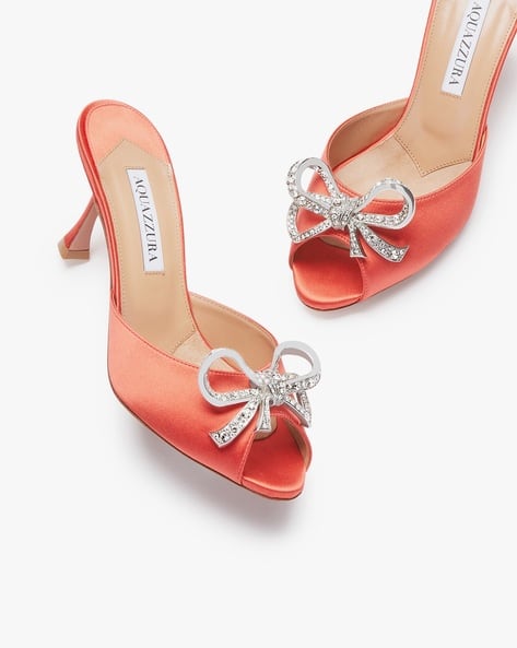 【AQUAZZURA】carrie 75 crystal-embellished satin mules Buy Aquazzura Carrie Crystal Satin Bow 75 mm Mules | Orange