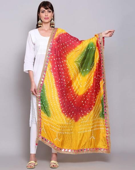 Bandhani Print Silk Dupatta with Embellished Border Price in India