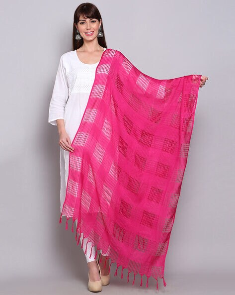 Checked Cotton Dupatta with Tassels Price in India